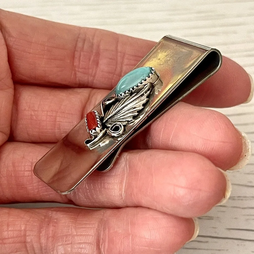 Navajo Money Clip Turquoise Red Coral Silver 2in Mens Gift Handmade Native Amer